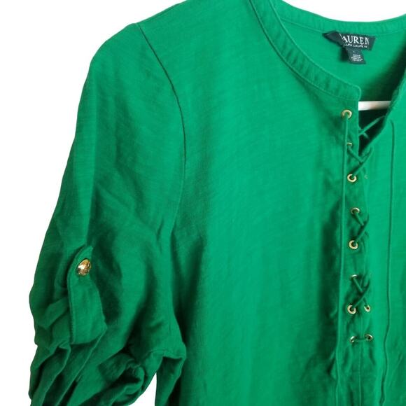 Lauren Ralph Lauren Womens Lace Up Shirt Kelly Green Size L Casual Preppy Cotton - Picture 4 of 7